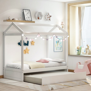 White Wooden House Bed With Pull Out Drawer <b>Storage</b> For <b>Kids</b> Bedroom Furniture - Product Image 1