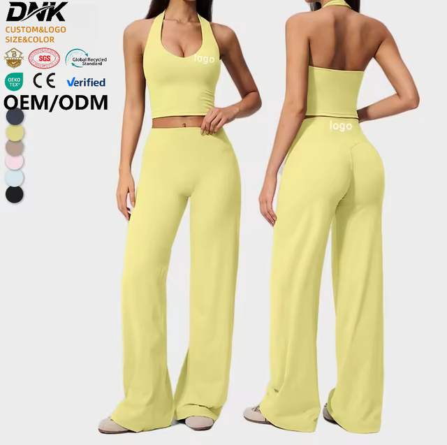 YR583 2-Piece Yoga Set Halter Crop Top & High-Waist Wide-Leg Pants Four-Way Stretch Spandex/Nylon Fabric for Workout