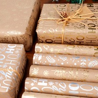 Papier d'emballage de Noël exclusif - Série dorée - Papier kraft jaune vintage estampé à chaud en rouleau - Grande taille