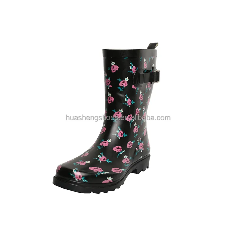 Manufacturer Waterproof Rubber Plastic Wellington Rain Boots Wholesale Boots For Women Black flowers Ladies rain boots
