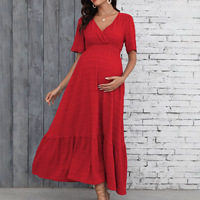 Robe longue de maternité décontractée pour femme, unie, texturée, à col en V croisé, taille smockée, à volants, manches courtes, grande taille