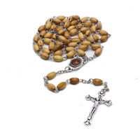 Collier de chapelet catholique en bois de la Vierge Marie, chapelet en bois d'olivier avec icône, portrait, crucifix, pendentif en forme de croix