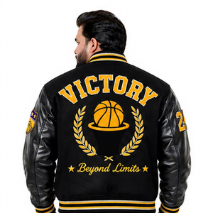 Men's Navy Blue Varsity <b>Jacket</b> With <b>White</b> Sleeves And Striped Trim Preppy Style Regular Fit Autumn Wear Custom LOGO Print Design - Product Image 4