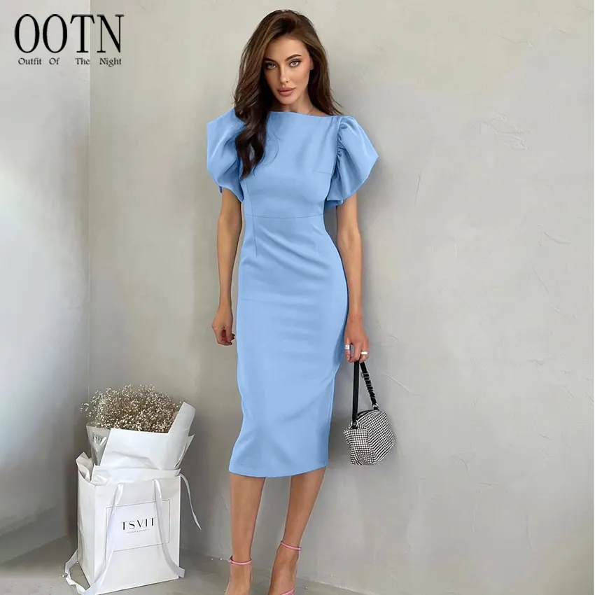 OOTN Round Neck Office Ladies Split Dress Summer 2023 Women Puff Sleeve Ruched Long Dress Elegant Blue Bodycon Dresses