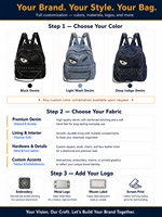 Sac à dos en denim noir, motif visage imprimé, bretelles réglables, logo personnalisé multicolore, vente en gros OEM/ODM