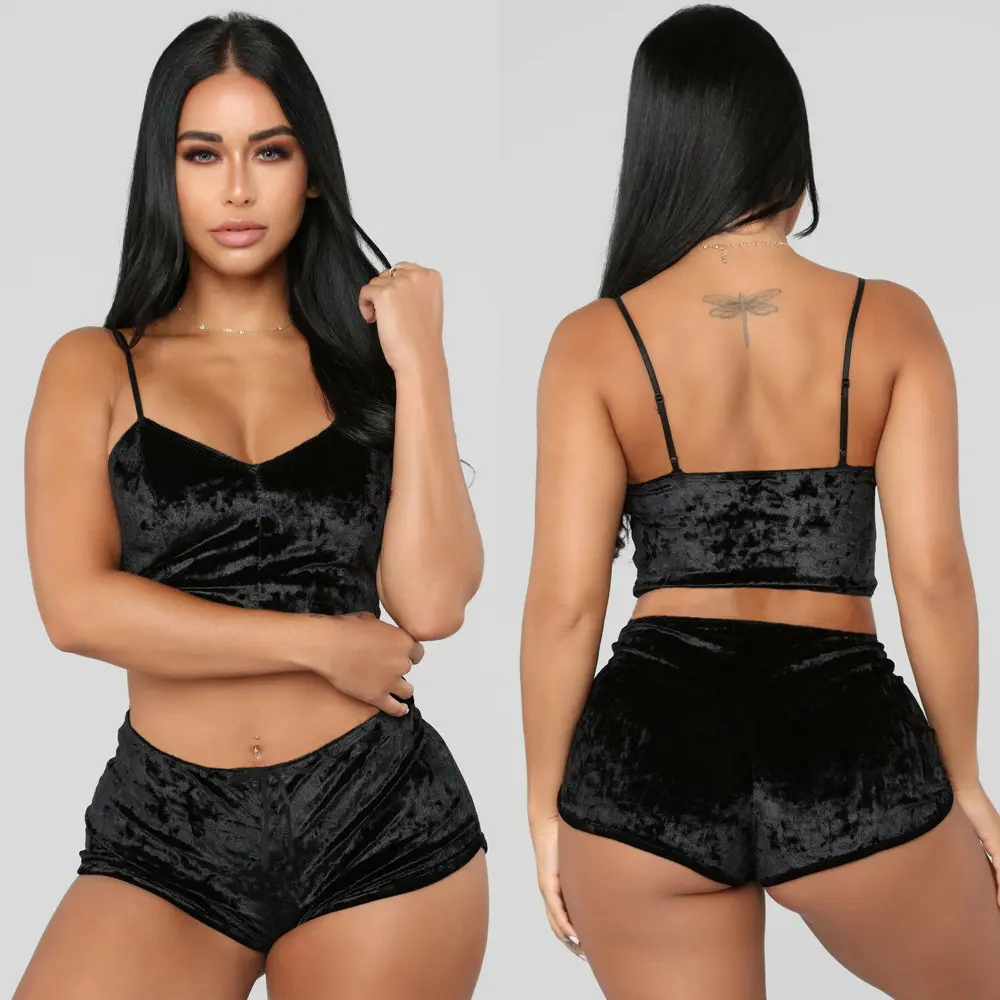 High Quality Custom Hot Velvet Women M-3xl Sleepwear Sexy Pajamas Solid Color Top & Shorts Two Pieces Sets Ladies Lingerie