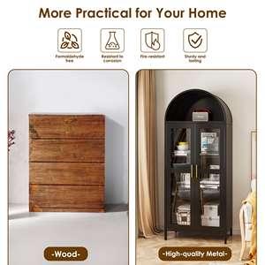 خزانة جانبية صينية عتيقة سوداء لغرفة المعيشة، خزانة تخزين فولاذية منزلية مقوسة مع باب زجاجي - Product Image 3