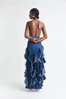Robe longue en jean bleu personnalisée pour femme, col halter, franges, sans manches, design rétro, pour soirées, événements, sorties décontractées