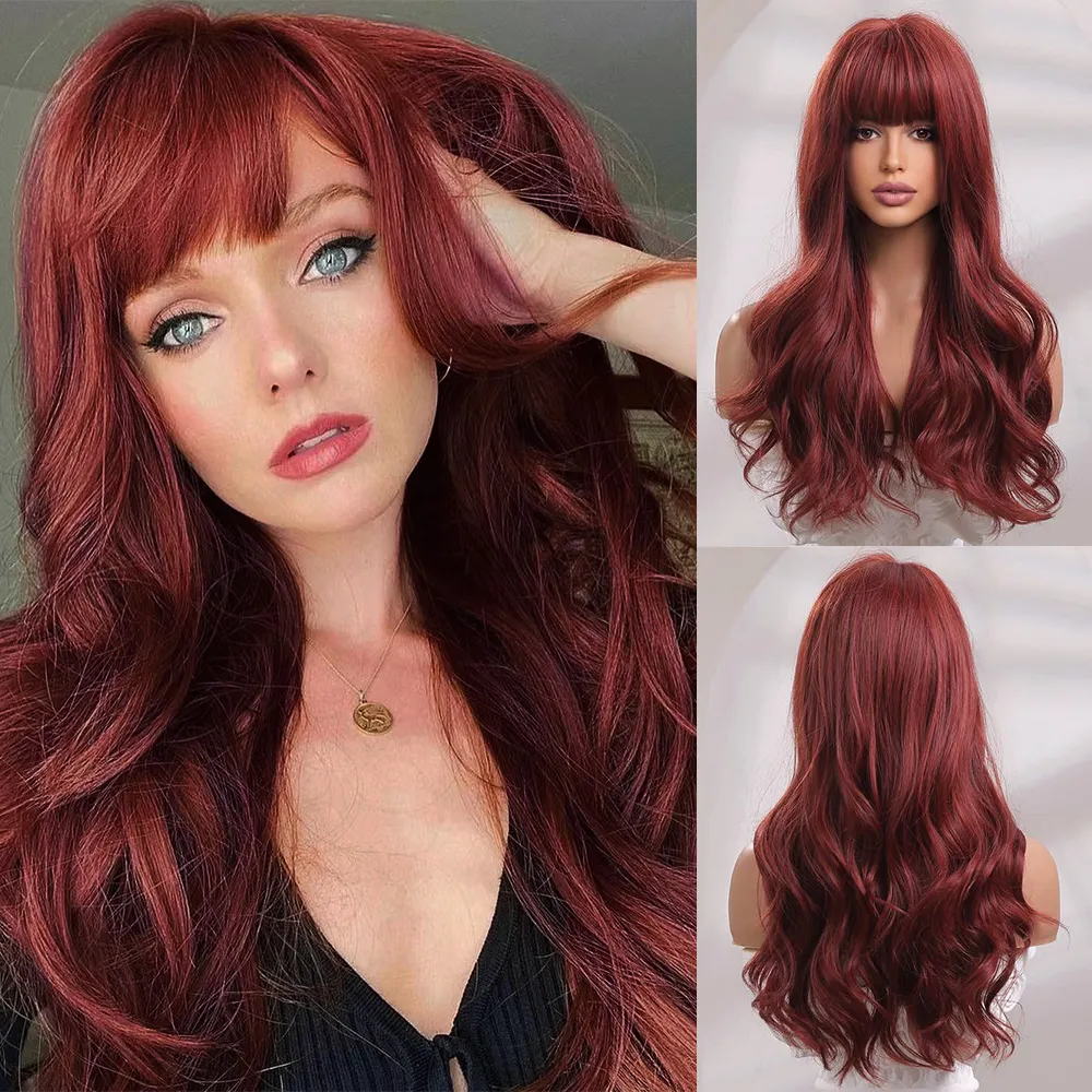 Wholesale Long Straight Synthetic Wigs Red Brown Ginger For Women Natural Wave Wigs With Bangs Heat Resistant Cosplay Hair