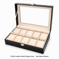 Boîte de présentation de montres de luxe personnalisée en cuir PU noir avec fenêtre en verre véritable, couture à la main de précision, velours beige, 10 emplacements
