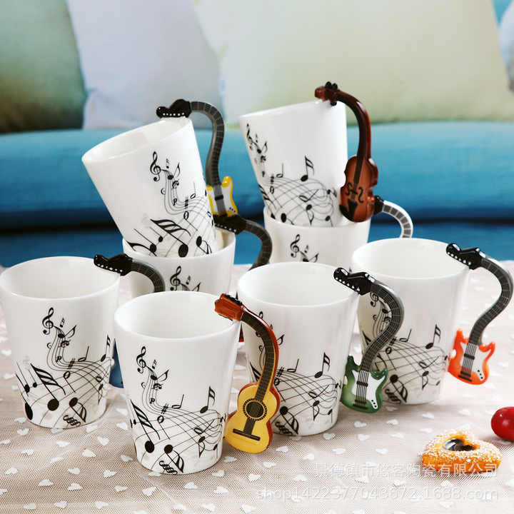 Funny Violin Shape Handle Magic Cartoon 3d Ceramic Music Cup Milk Cup 