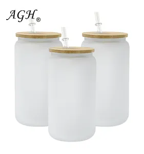 AGH China USA Canada Warehouse 16oz Clear Frosted Sublimation Blanks Glass Mason Jar Beer Can Glass Cup With Bamboo Lid