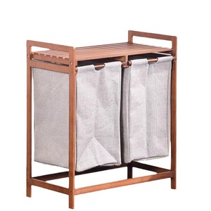 Panier à linge double compartiment en bambou et toile, support de rangement vertical pour vêtements, design simple - Product Image 3