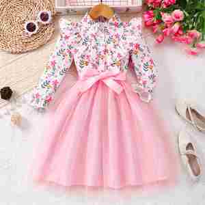 Nuevo cinturón tejido de malla con estampado de flores y solapa de manga larga para niñas, vestido de tela de punto Odm de otoño para niños, decoración de botones - Product Image 3