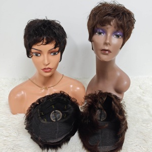 Promotion $13 Silk Pixie Short Cut <b>Wig</b> With Bang Lace Human Hair Natural Black Curly Fashion Style Wholesale - Product Image 1