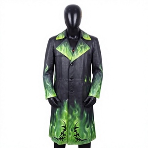 Custom <b>Men's</b> Slim Fit Green Flame Cowhide Leather <b>Trench</b> <b>Coat</b> | Long Heavy Duty Zipper & Button Front Overcoat for Wholesale - Product Image 1
