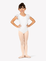 Justaucorps de danse bleu clair à haute élasticité pour filles, col en V, manches à volants, costumes respirants pour ballet et pom-pom girl
