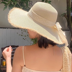 Chapeau de paille à large bord pour femme avec nœud en dentelle, protection solaire pour la plage, chapeau d'été souple en herbe naturelle, 56-58CM - Product Image 6