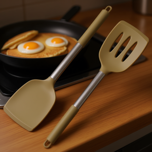 Heat Resistant Silicone Spatula Set of 2, Khaki Color, Non-Stick Turner for Cooking Eggs, Pancakes, Fish, <b>Kitchen</b> Utensils, Hand - Product Image 2