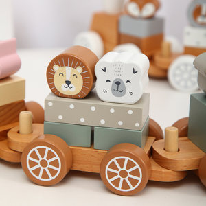 Divertente Set di blocchi di legno Animal Train Toys bambini in età prescolare Push Pull impilabile giocattolo del treno - Product Image 3