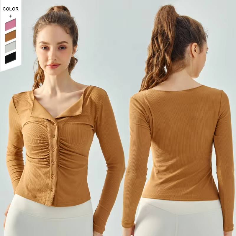 MAYYOUNG In-Stock Skin-Friendly Breathable Fitness Top with V-Shaped Lapel and Front Pleats Long Sleeve Activewear