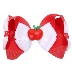 Latest blue heart print grosgrain ribbon hair bow with full lined clip children's arylic apple hair accessories