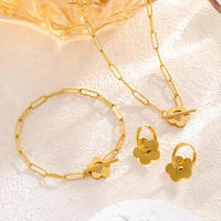 Ensemble de bijoux fleur porte-bonheur avec fermoir à bascule chaînes trombone collier en acier inoxydable plaqué or 18 carats bracelet boucles d'oreilles