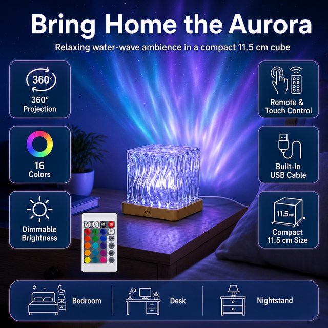 CoolQing Aurora Projector Dimmable Water Ripple Flame Wave Effects Colorful Night Light with Remote Control Holiday Decorate