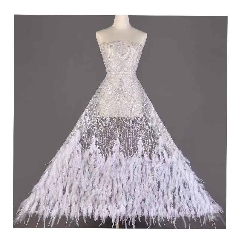 Tissu de haute qualité en dentelle suisse multicolore, paillettes 3d plume pour robe de mariée