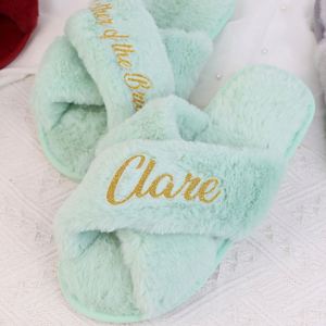 Pantuflas Personalizadas con Letras Brillantes, Sandalias de Piel Sintética con Tira Cruzada, Zapatillas de Casa con Punta Abierta para Regalo de Dama de Honor - Product Image 2