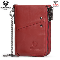 Dompet Kulit Asli HUMERPAUL untuk Pria, Tempat Kartu Kredit RFID dengan Jendela ID, Minimalis dengan Rantai Biker, Portomonee