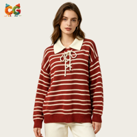 Nouveau pull tricoté en acrylique/coton à rayures pour femme, col rabattu, manches longues, coupe ample, vente en gros, personnalisable CG 2026