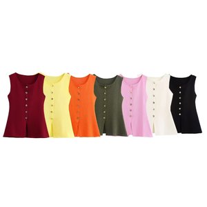 เสื้อกั๊กถักกระดุมแถวเดียวสีทองแบบเรียบง่ายสำหรับผู้หญิงเสื้อแฟชั่น - Product Image 2