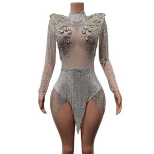 Monos Sexy Perspective Cristal Franges Combinaison Courte pour Femme Scène Performance Costume <span class=keywords><strong>Night</strong></span> <span class=keywords><strong>Club</strong></span> Justaucorps Strass Body - Product Image 6