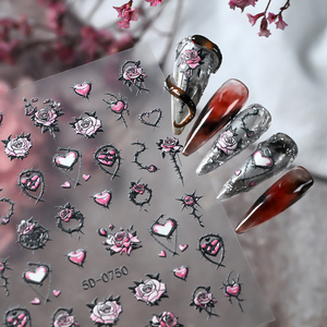 Autocollants 5D roses et noirs gothiques pour ongles, motifs cœur, rose, crâne, Y2K, adhésifs pour décoration d'ongles, manucure, sliders - Product Image 4