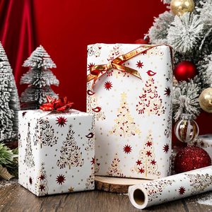 Christmas <b>Wrapping</b> <b>Paper</b> Roll 17in x 32.8ft Red Gold Foil Trees Stars Birds Gift Wrap for Holiday Celebration - Product Image 5