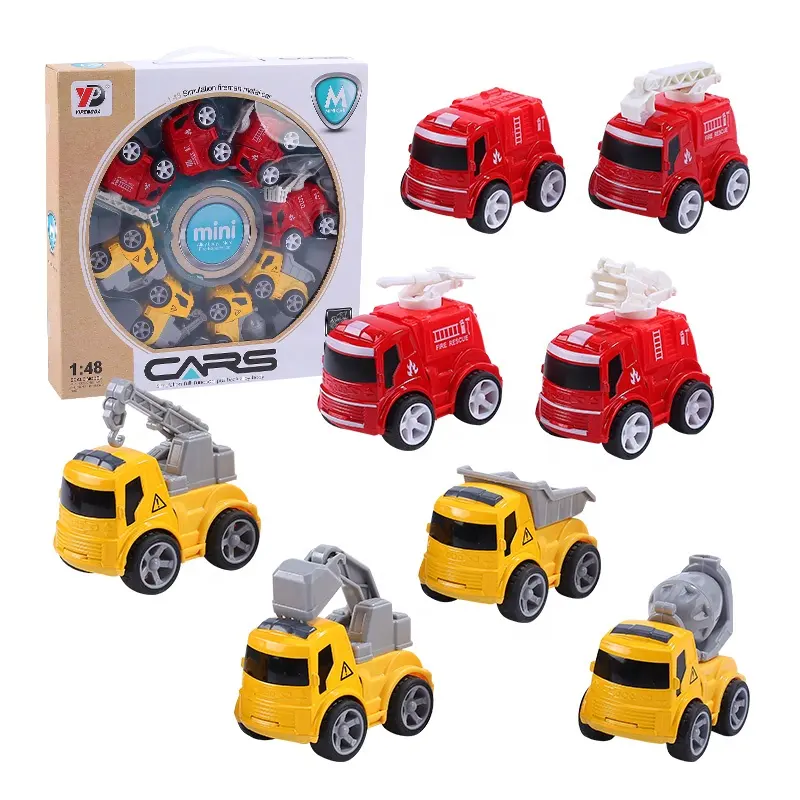 8PCS/Set Children's Alloy Engineering Vehicle Fire Truck 1:48 Pull Back Car Metal+Plastic Model Toy For Boy Kids Collection Gift