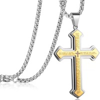 Collier croix en acier inoxydable pour homme, gravé d'un verset biblique, pendentif croix double couche, bijoux religieux chrétiens, cadeau
