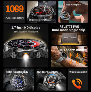 Montre connectée OEM AK91 avec appels Bluetooth, batterie de 1000 mAh, écran de 1,7 pouces, étanche IP68, tracker d'activité avec lampe torche et boussole pour hommes - Product Image 2