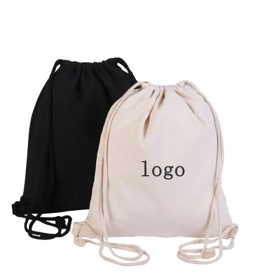 Özel logo düz doğal pamuklu alışveriş çantası beraberlik dize sırt çantası pamuk tuval İpli sırt çantası