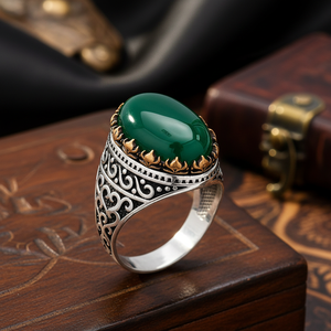 Oval Cut Green Agate Stone Black Zircon Turkish Handcraft Wholesale Authentic 925 <b>Silver</b> <b>Men</b> <b>Ring</b> - Product Image 3