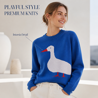 Pull en tricot blanc à motif canard mignon pour femme, bleu roi, style coréen vintage, à manches longues