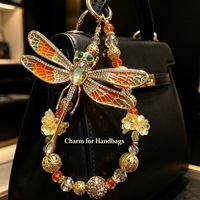 Breloque de sac en alliage avec strass et libellule, perles de cristal faites à la main, porte-clés de sac à main, pendentif de téléphone portable, décoration
