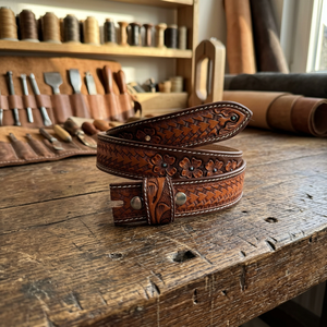 Ceinture en cuir de vachette à motifs floraux, faite à la main, avec boucle à ardillon de style western, double couture, design ethnique, pour un usage décontracté - Product Image 3