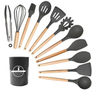 Hot Sale Kitchen Tools Gadgets Silicone Kitchen Utensils Set With Wooden Handle