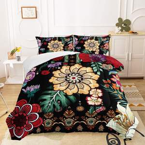 Ensemble de couette 3 pièces de style ferme bohème de haute qualité imprimés floraux Paisley sur microfibre noire pour toutes les saisons à utiliser à la maison - Product Image 2