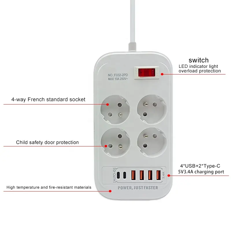 Newly designed French power strip overload protection 4-way Outlets with USB A and USB C charging port Schuko plug power socket