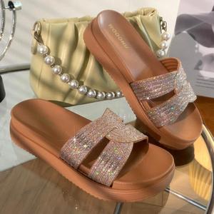 Factory Cheap Fashion Shiny Rhinestone Wedge Sandals Designer Sandals New Style High Quality Slipper Dress Shoes - Product Image 1