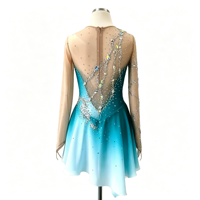Robe de patinage artistique dégradé turquoise avec strass, manches longues en maille, costume de performance pour enfants et adultes, tenue de compétition
