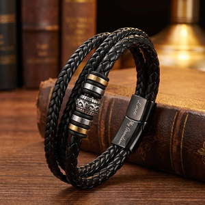 Handmade Braided Black <b>Leather</b> <b>Bracelet</b> Stainless Steel Magnetic Clasp Gift For Men Women 7.5in 8.5in 9in - Product Image 1